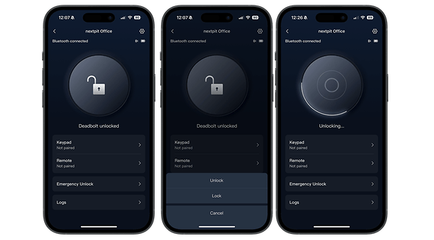 Kilit açma özelliklerine sahip SwitchBot Smart Lock Pro uygulamasını gösteren üç akıllı telefon ekranı.