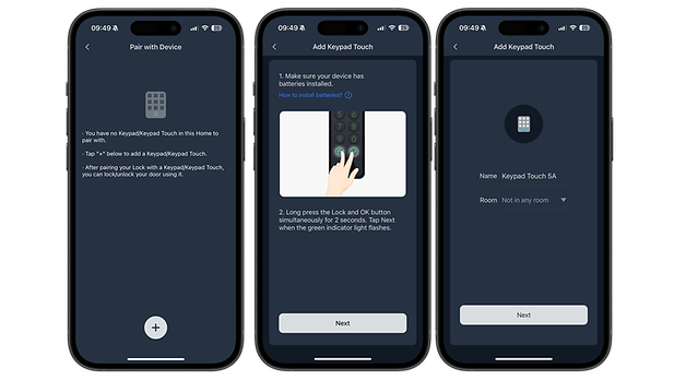 Üç akıllı telefon ekranı, SwitchBot Smart Lock Pro eşleştirme işlemini ve tuş takımı kurulum talimatlarını gösterir.