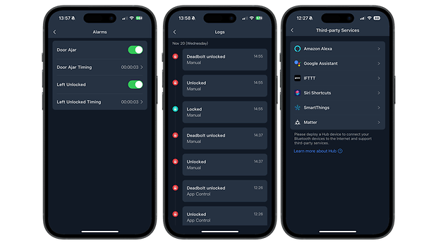SwitchBot Smart Lock Pro uygulama arayüzü alarmları, günlükleri ve üçüncü taraf hizmetlerini gösterir.