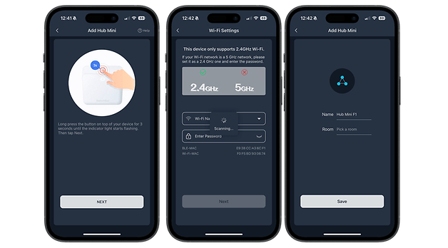 SwitchBot Smart Lock Pro ekleme adımlarını gösteren üç akıllı telefon ekranı.