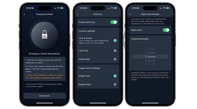 Acil kilit açma, hızlı tuş ve gece kilidi ayarlarına sahip SwitchBot Smart Lock Pro uygulama arayüzü.