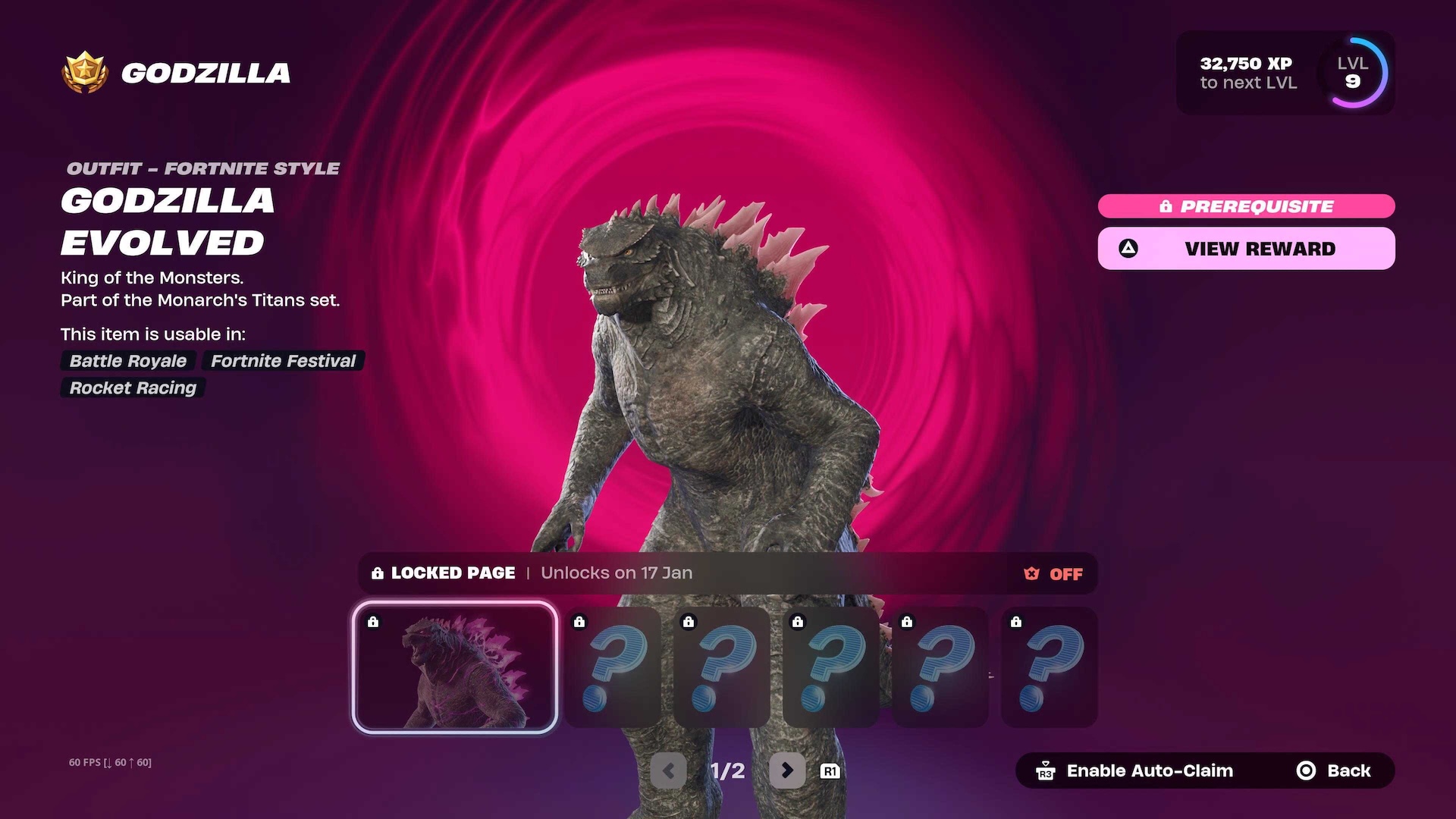 Godzilla, Fortnite'taki Bonus Ödüller menüsünde pembe ve mor bir arka planın önünde duruyor
