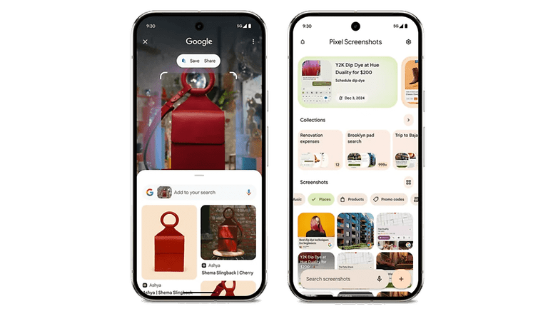 İki akıllı telefon, Google arama ve Pixel ekran görüntüsü işlevlerini gösteriyor.