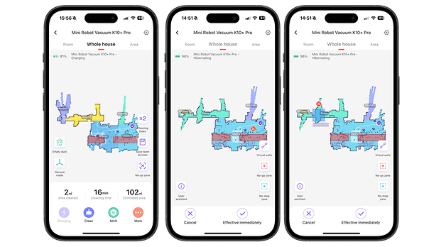 Üç akıllı telefon, temizlik istatistiklerini ve haritalarını içeren SwitchBot K10+ Pro elektrikli süpürge uygulamasını gösteriyor.