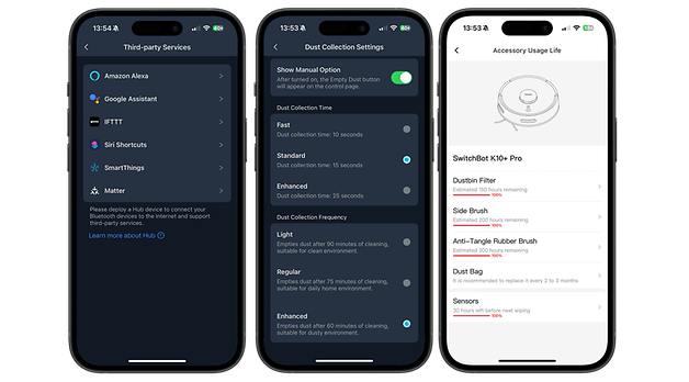 SwitchBot K10+ Pro uygulamasının ayrıntılarını gösteren üç akıllı telefon ekranı: temizleme durumu, toz toplama seçenekleri ve aksesuar kullanımı.