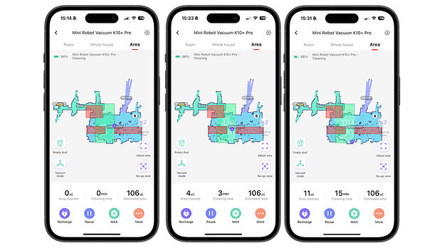 Üç akıllı telefon ekranı, temizlik durumu ve haritalarla birlikte SwitchBot K10+ Pro elektrikli süpürge uygulamasını gösteriyor.