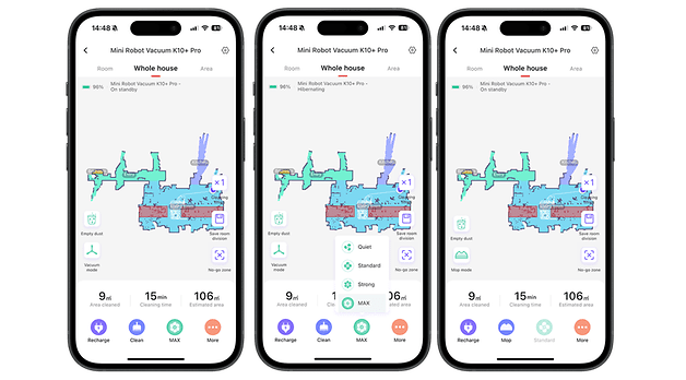 Üç akıllı telefon ekranı, temizlik istatistiklerini içeren SwitchBot K10+ Pro elektrikli süpürge uygulaması arayüzünü gösterir.