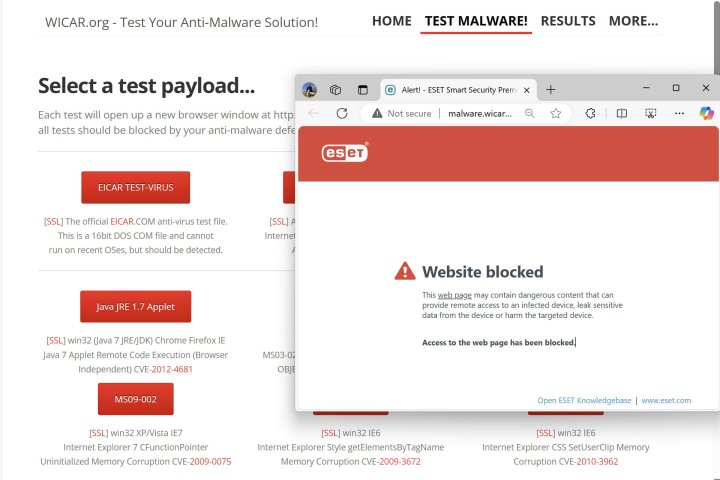 Eset Premium, Wicar'ın tüm kötü amaçlı yazılım testlerini engelledi.