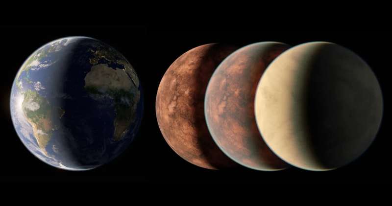 Keşfedildiği Mayıs 2024'te duyurulan Gliese 12 b ötegezegeni 40 ışıkyılı uzaklıkta olup Dünya boyutunda veya biraz daha küçük olabilir, bu durumda Venüs'e eşdeğer olacaktır. Sağdaki bu sanatsal konseptte, Venüs'ünki kadar kalın ve yoğun olabilecek, atmosferi olmayan ve atmosferi olan gezegenin olası yorumları sunulmaktadır. Katkıda bulunanlar: NASA/JPL-Caltech/R. Zarar (Caltech-IPAC) Nadir bir Venüs güneş geçişi, dış gezegen atmosferlerinin çözülmesine yardımcı oluyor