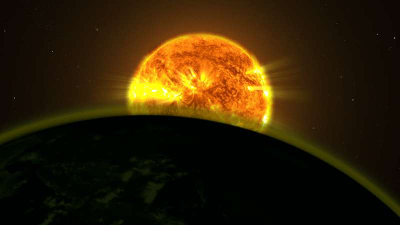 Yörüngesinde dönen bir gezegenin atmosferinden görülen bir yıldızın sanatçı konsepti. Kredi: NASA/Goddard Uzay Uçuş Merkezi Nadir bir Venüs güneş geçişi, dış gezegen atmosferlerinin çözülmesine yardımcı oluyor