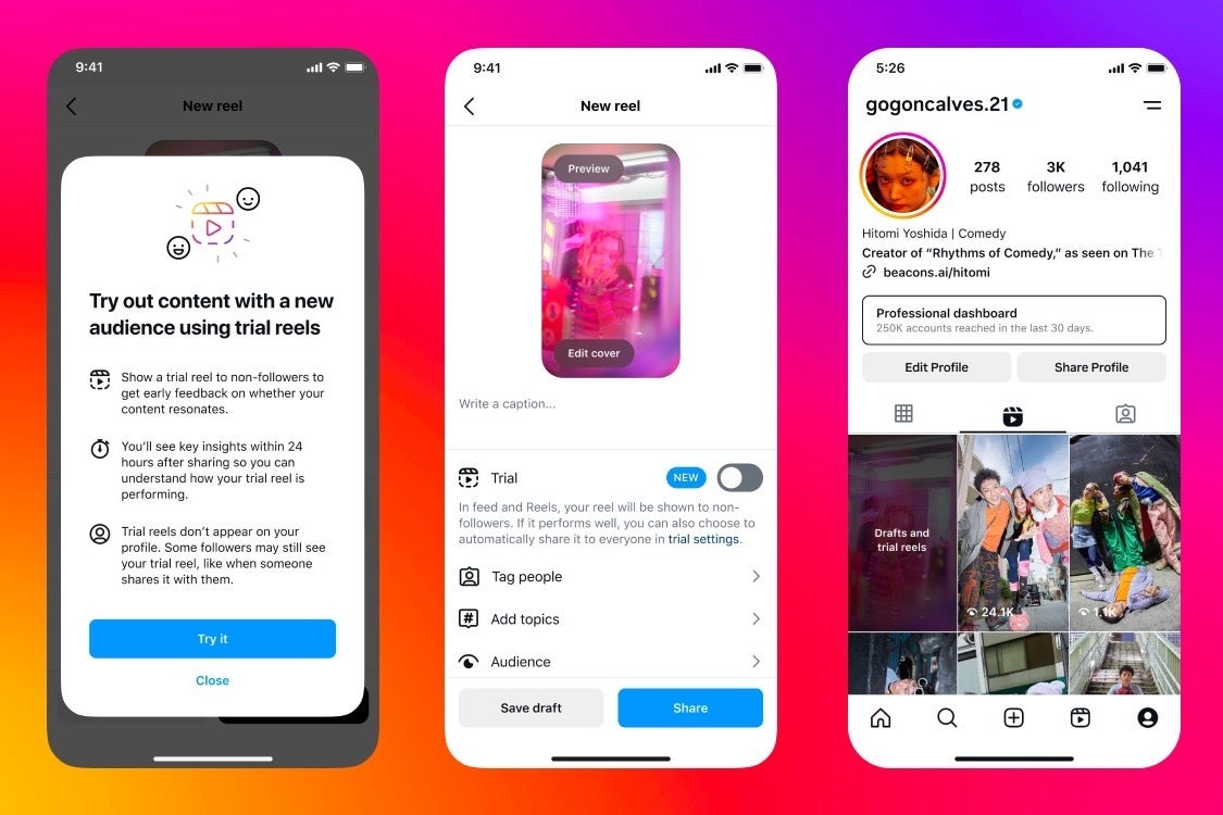 Instagram Deneme Reels oluşturma akışının ekran görüntüleri