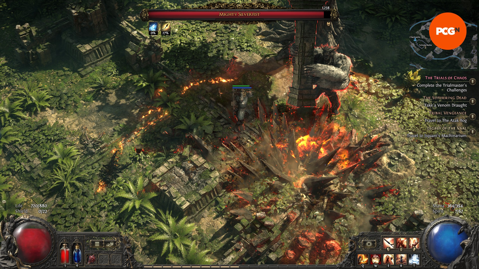 sürgün yolu-2-erken erişim-izlenimleri-gümüş sırtlı-patron-dövüşü Path of Exile 2 Mighty Silverfist - Bir savaşçı, dev bir taş sütunu tutan büyük bir maymunla savaşır.