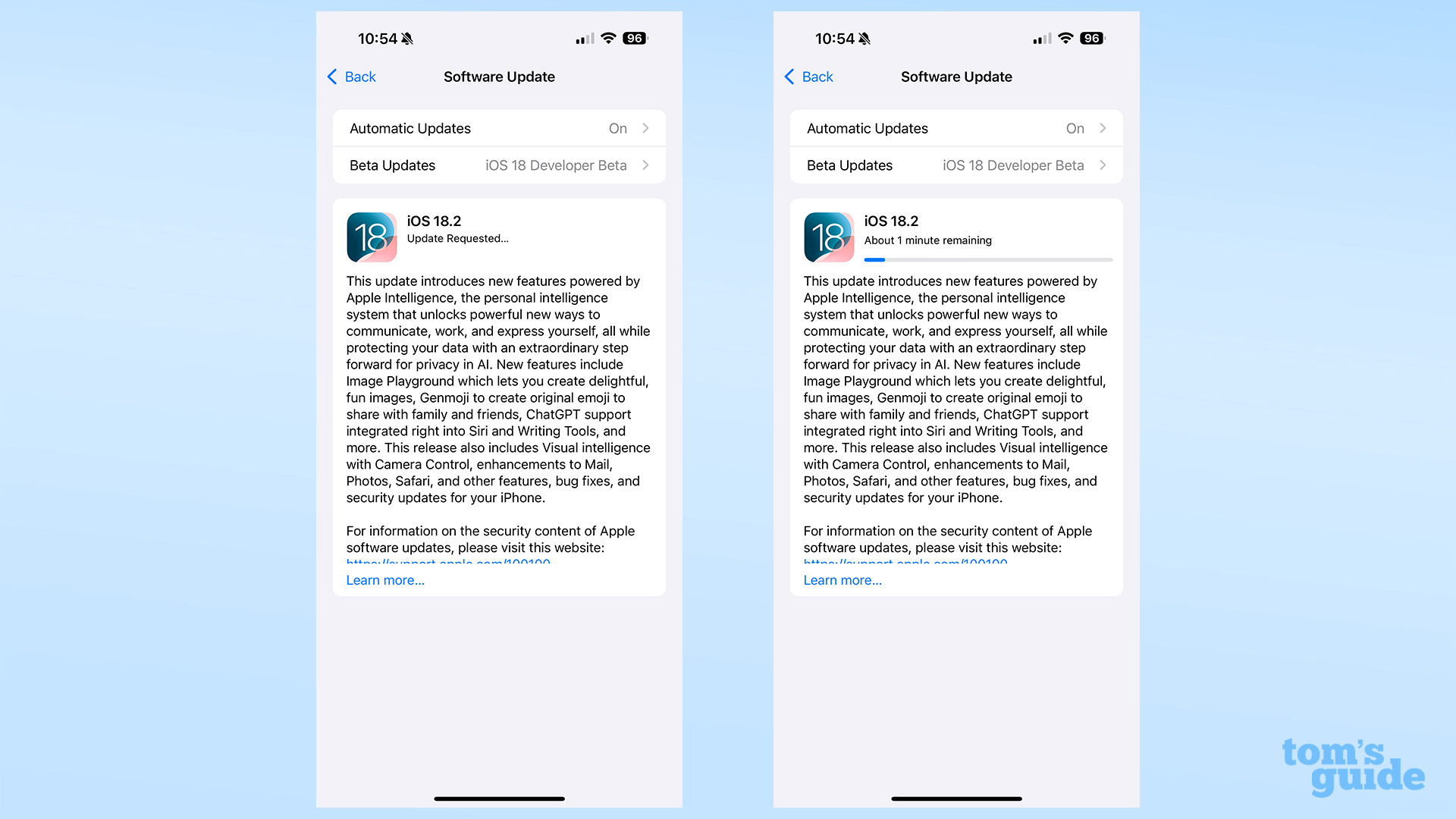 iOS 18.2 kurulumunu gösteren ekran görüntüleri