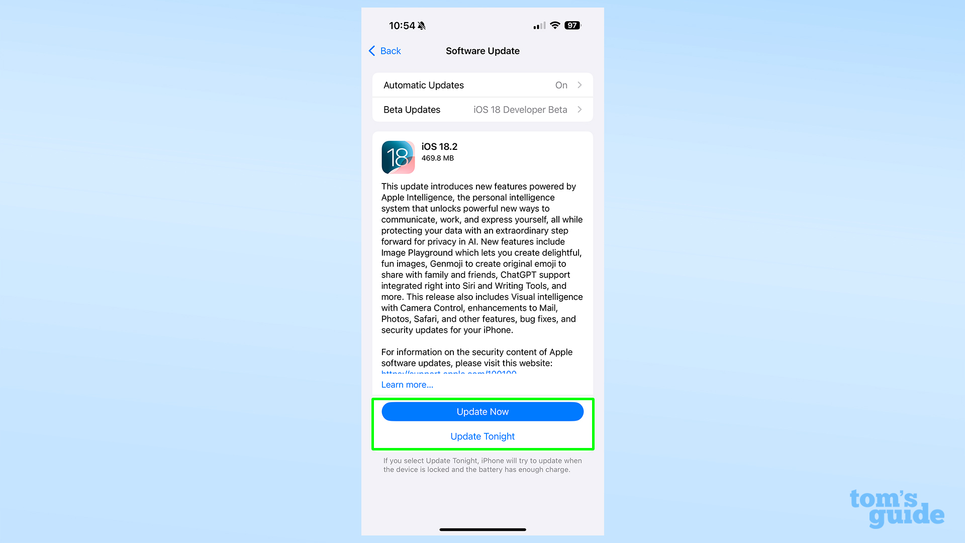 iOS 18.2 için yükleme seçeneklerini gösteren ekran görüntüsü