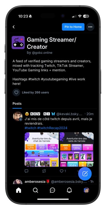 Bluesky uygulamasında oyun içeriği oluşturucu beslemesi.