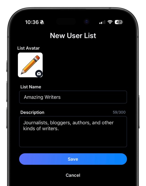 Bluesky uygulamasında yeni Kullanıcı Listesi oluşturma.