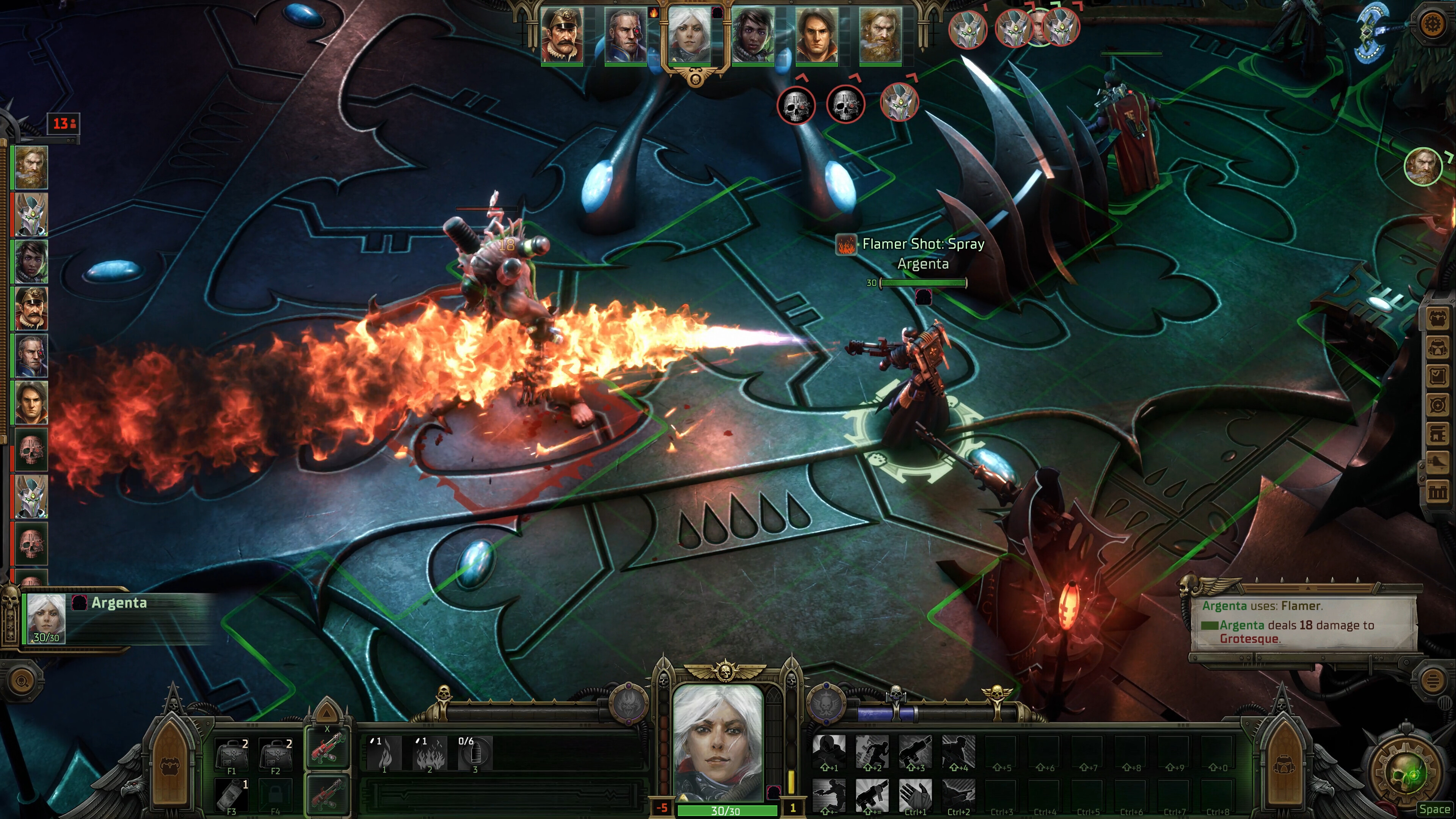 Warhammer 40,000: Rogue Trader'da Argenta'nın düşmanları alevler içinde temizlemesinin oyun içi ekran görüntüsü
