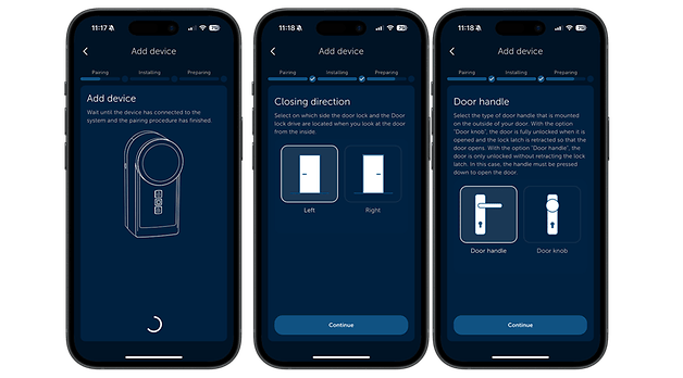 Homematic IP kapı kilidi sürücüsü kurulum sürecini gösteren akıllı telefon ekranları.