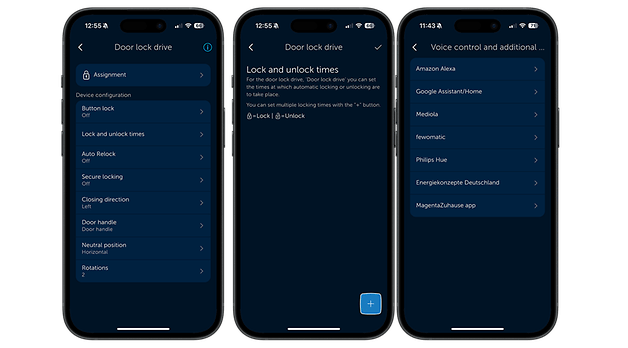Homematic IP kapı kilidi sürücüsünün ayarlarını gösteren üç akıllı telefon ekranı.