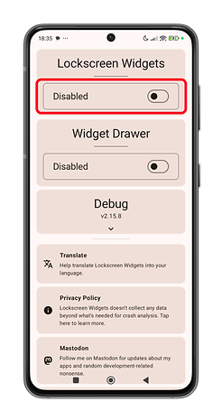 Widget'ları etkinleştirme ve devre dışı bırakma seçeneklerinin bulunduğu kilit ekranı widget'ları ayarları ekranı.