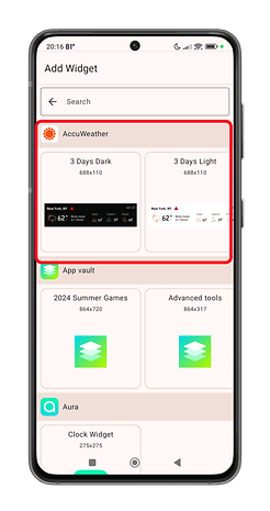 3 gün karanlık ve 3 gün aydınlık için AccuWeather seçeneklerine sahip widget seçim ekranı.