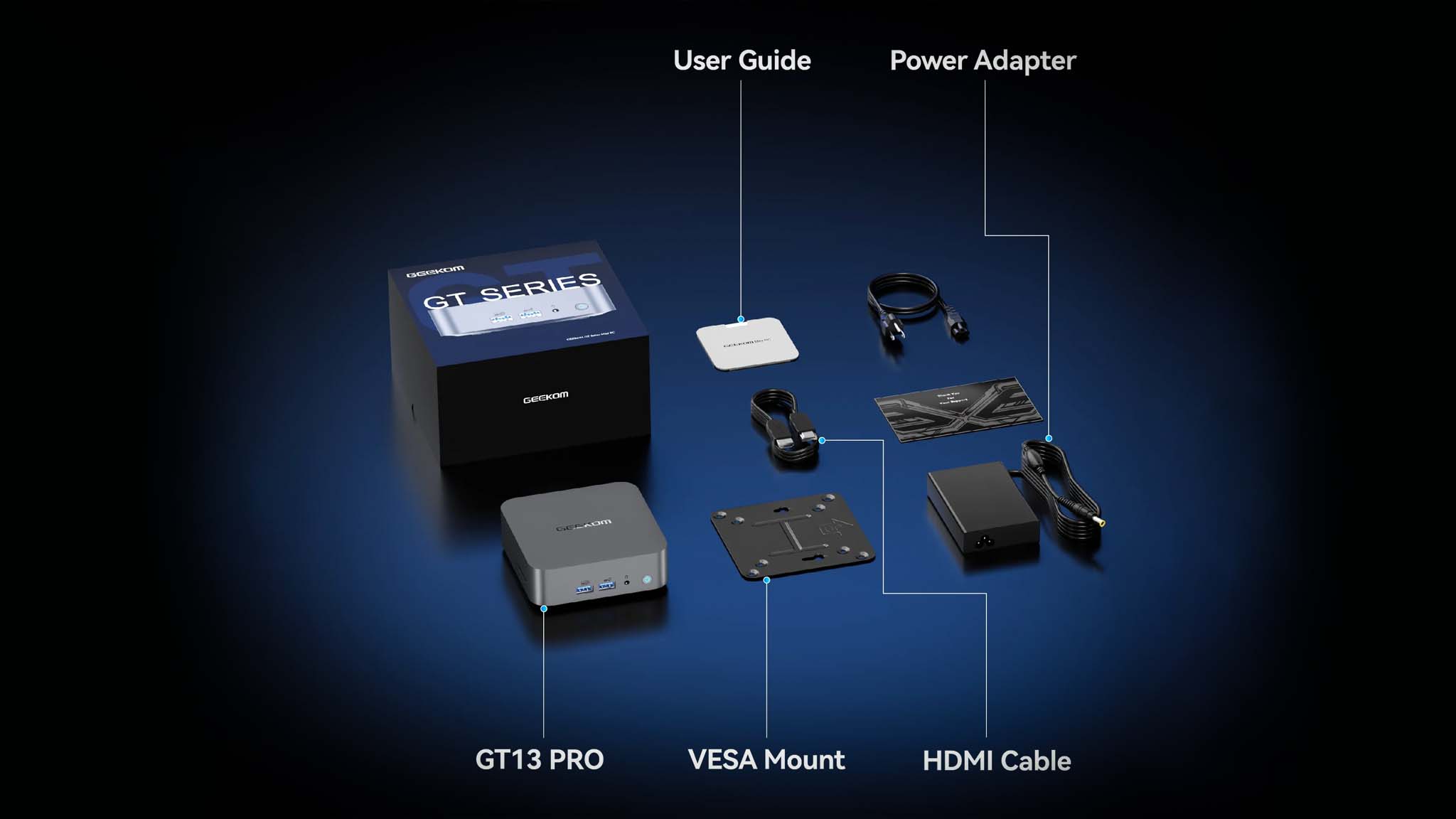 Geekom GT13 Pro, geldiği kutunun yanında bir kılavuz, bir VESA montajı, bir HDMI kablosu ve bir güç adaptörü ile birlikte gelir.