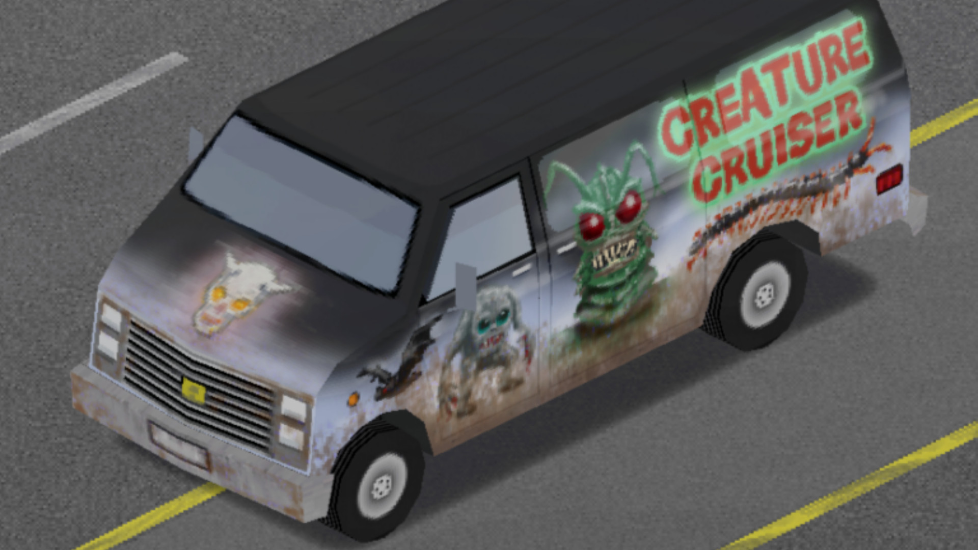 Project Zomboid build 42 - Yan tarafında 'Creature Cruiser' yazan bir minibüs.