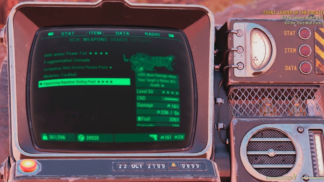 Fallout 76'daki Pip Boy, Buharlaşan Napalmer Kaynama Noktası Silahını gösteriyor (4 yıldızlı efsanevi)