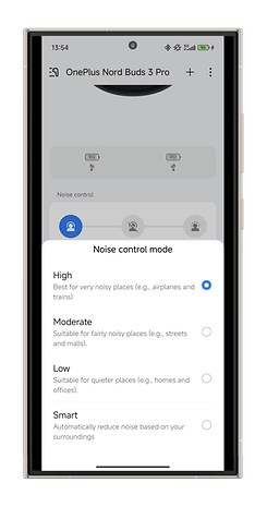 Gürültü kontrolü modlarını gösteren OnePlus Nord Buds 3 Pro uygulama ekranı.