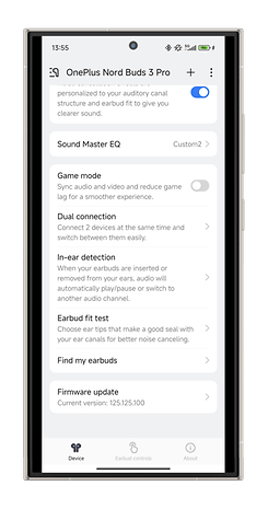 Sound Master EQ gibi işlevleri içeren OnePlus Nord Buds 3 Pro uygulamasının arayüzü.