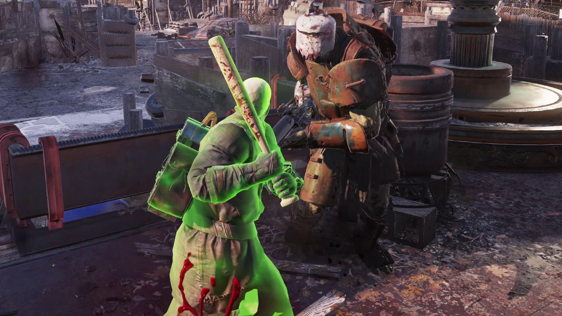 fallout-76-oynanabilir-ghoul-oynanışı Fallout 76 oynanabilir ghoul - Beysbol sopasına sahip bir oyuncu, Super Mutant'la savaşır.