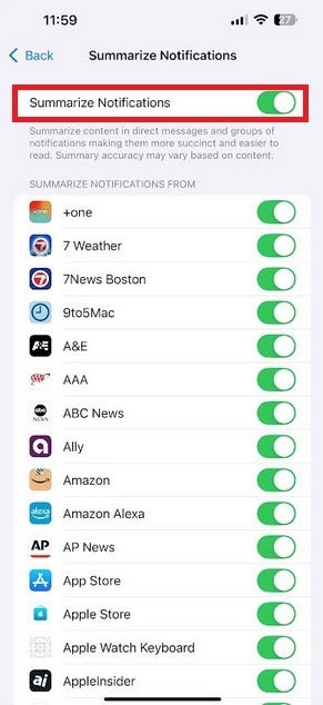 Bildirim Özetlerini etkinleştirme veya devre dışı bırakma. | Resim kredisi-PhoneArena - Apple'ın yapay zeka özelliklerinden biri, sahte haberler yaymasının ardından BBC tarafından saldırıya uğradı