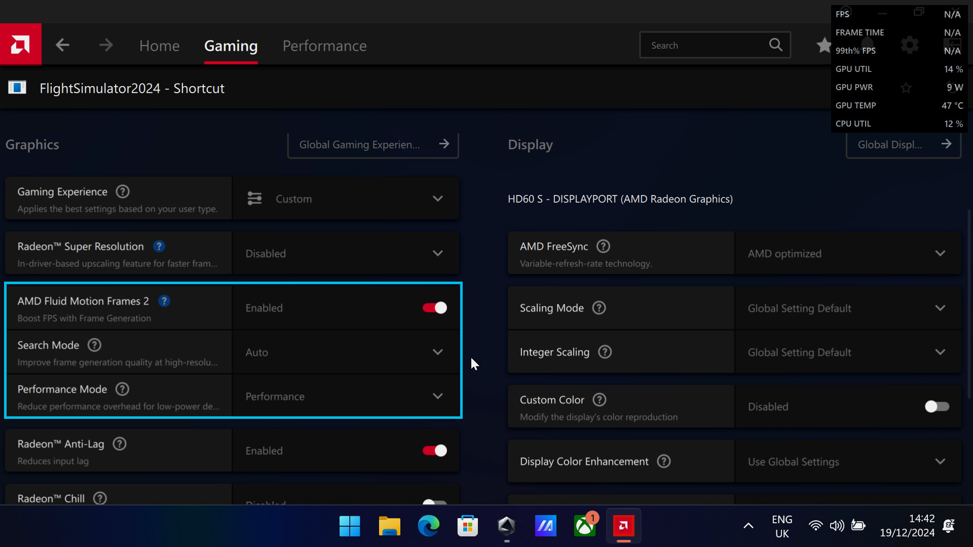 ASUS ROG Ally'de Microsoft Flight Simulator 2024'te AFMF 2 Performans modu için AMD Adrenaline Edition ayarları