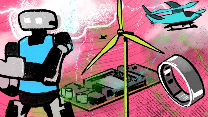 Bir robot, devre kartı, halka, drone ve rüzgar türbini gibi nesnelerden oluşan çizim kolajı