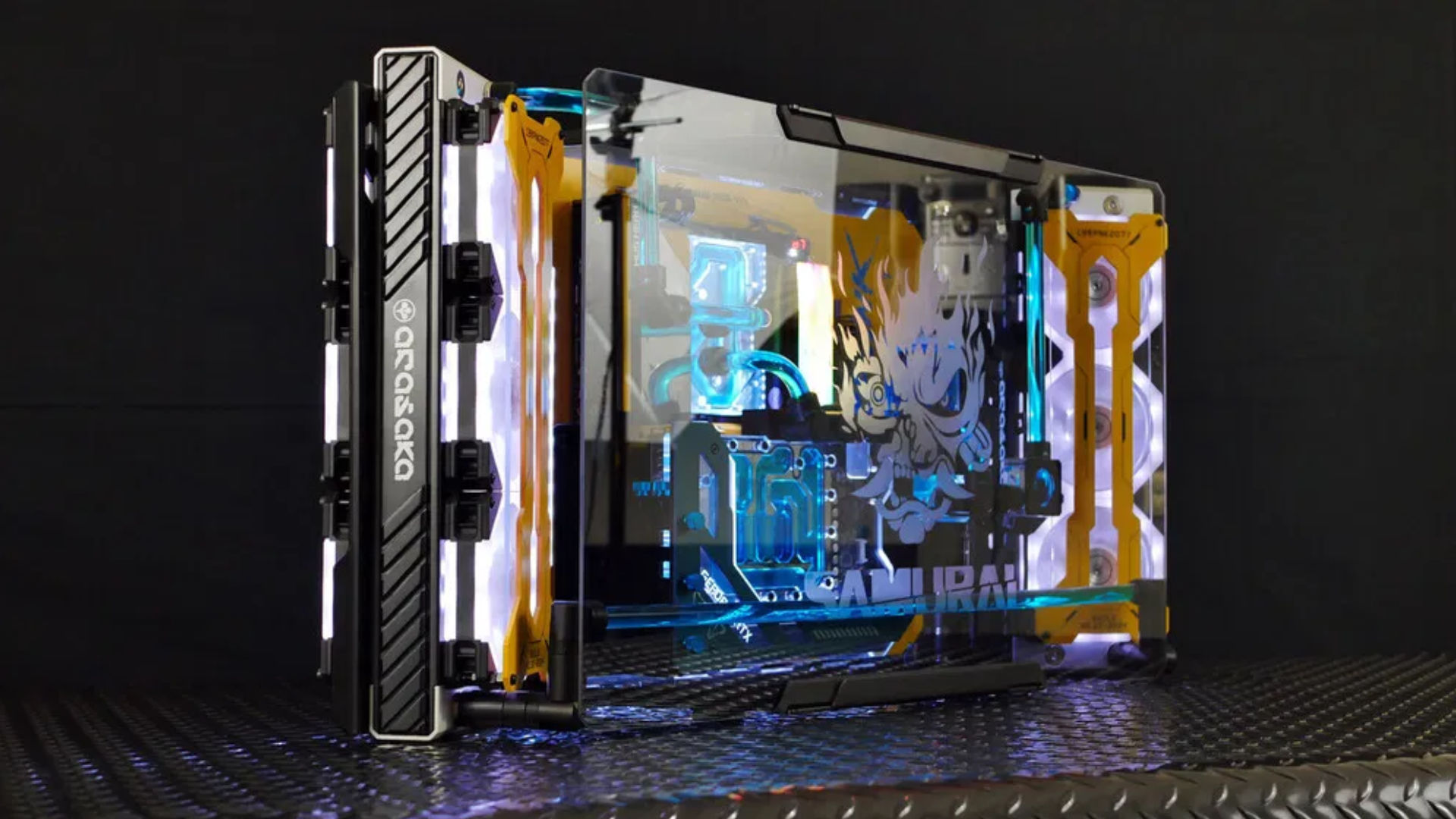 cyberpunk-2077-açık-hava-oyun-pc-derleme-ön panel Cyberpink 2077 açık hava çerçeveli oyun bilgisayarı yapısı, ön panel takılı