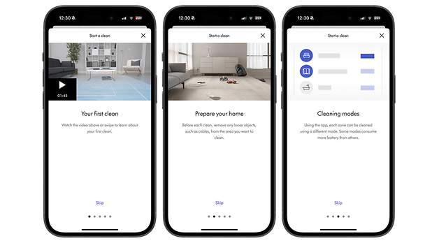 Ekranda temizlik ipuçları ve modları da dahil olmak üzere Dyson 360 Vis Nav için uygulama talimatları gösterilir.