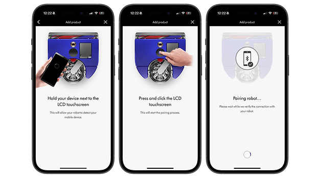 Dyson 360 Vis Nav robotunu mobil cihazla eşleştirme adımlarını gösteren üç akıllı telefon ekranı.