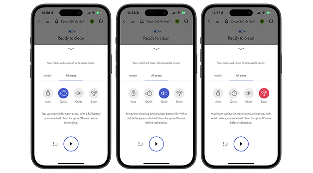 Temizleme seçenekleri ve pil durumuyla birlikte Dyson 360 Vis Nav uygulamasını gösteren üç akıllı telefon ekranı.