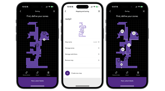 Bölgeleme seçenekleriyle birlikte Dyson 360 Vis Nav bölgeleme ve haritalama arayüzünü gösteren üç akıllı telefon.