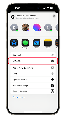 iPhone ekranı, uygulamayı hediye etme seçenekleriyle birlikte Beastcam uygulamasını gösteriyor.