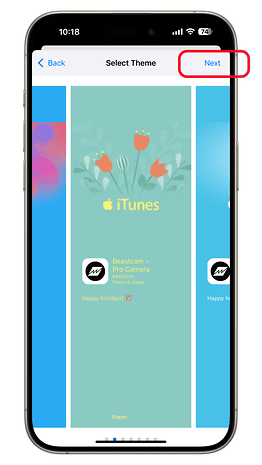 İleri düğmesiyle iTunes tema seçimini gösteren iPhone ekranı.