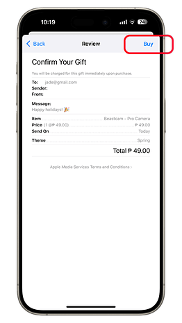 iPhone ekranı jade@gmail.com adlı kullanıcı için bir hediye onayı görüntüler.