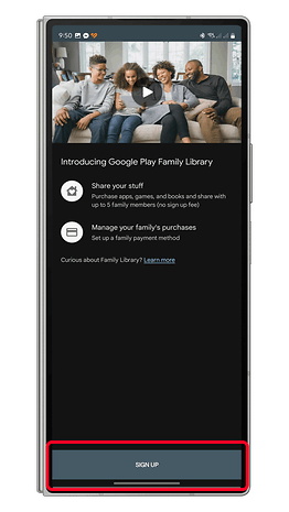 Uygulama paylaşım seçeneklerinin bulunduğu Google Play Aile Kitaplığı ekranı.
