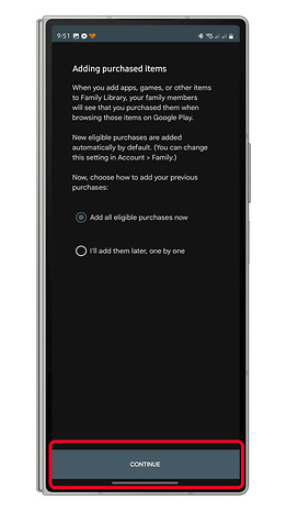 Satın alınan öğeleri Google Play'deki Aile Kitaplığı'na ekleme seçeneklerinin bulunduğu ekran.