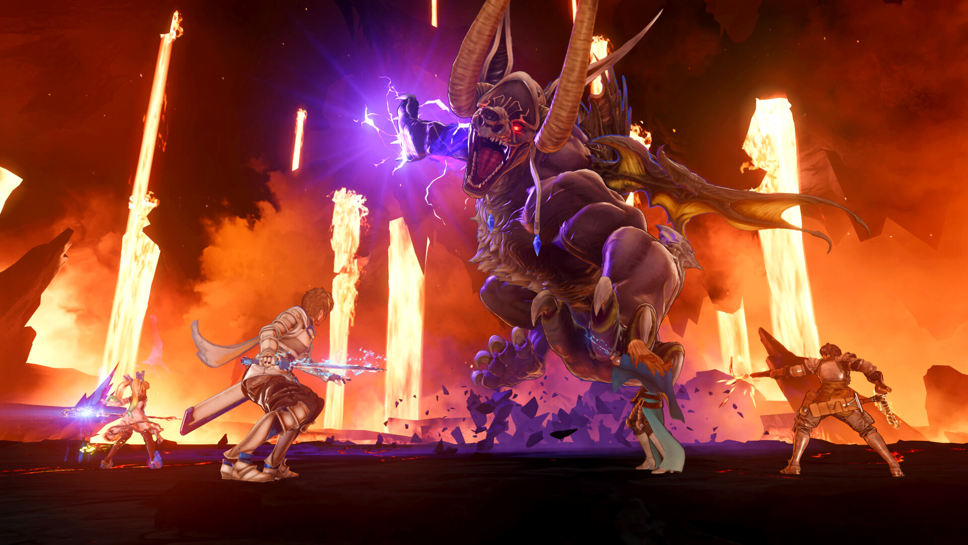 Granblue Fantasy Relink – Dört savaşçıdan oluşan bir grup dev bir devle karşı karşıya gelir.
