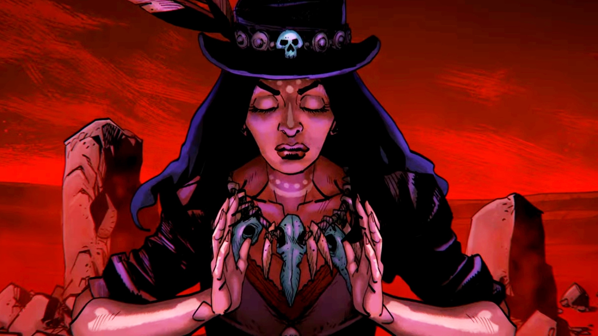 kan-batı-ölü-adamın-sözü-yeni-dlc-fps-rpg-sürükleyici-sim-steam-indirim-lovecraft-vahşi-batı Blood West: Dead Man's Promise - Silindir şapkalı bir cadı, düşünceli bir şekilde gözlerini kapatırken ellerini kaldırıyor.