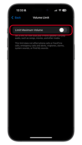 iPhone ekranı ses sınırı ayarlarını gösterir.