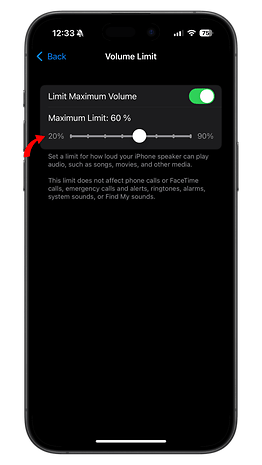 iPhone ses sınırı ayarları ekranı.