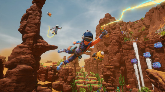 Savage Planet'in İntikamı ön izlemesi: Renkli bir bilim kurgu dünyasında kancaları kullanarak havada uçan iki karakter.