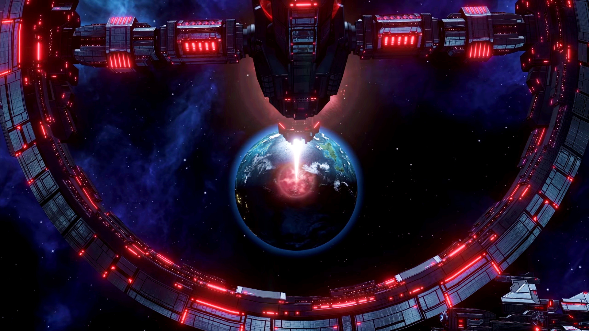 Stellaris - 4X strateji oyununda dev bir uzay istasyonu bir gezegene yörünge lazeri ateşliyor.